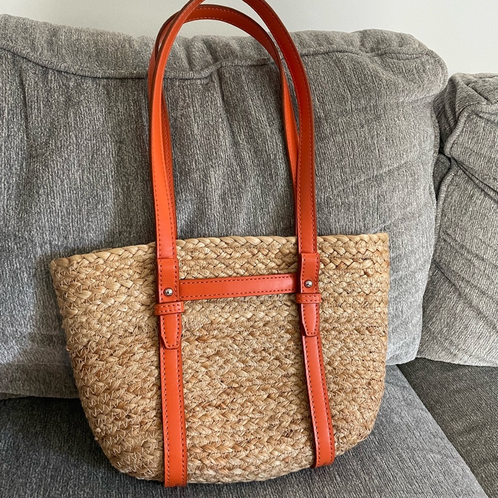 Zara straw woven beach bag with orange handles